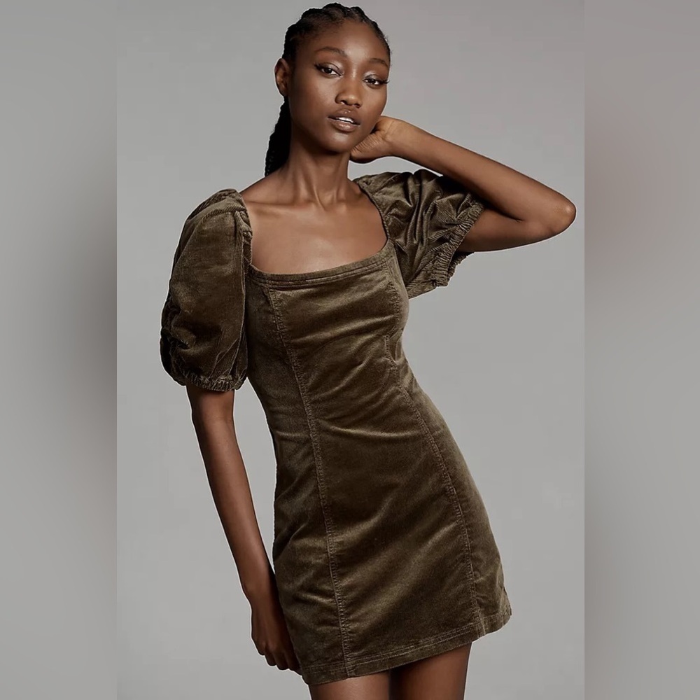 Anthropologie Pilcro Puff-Sleeve Square-Neck Corduroy Mini Dress size L